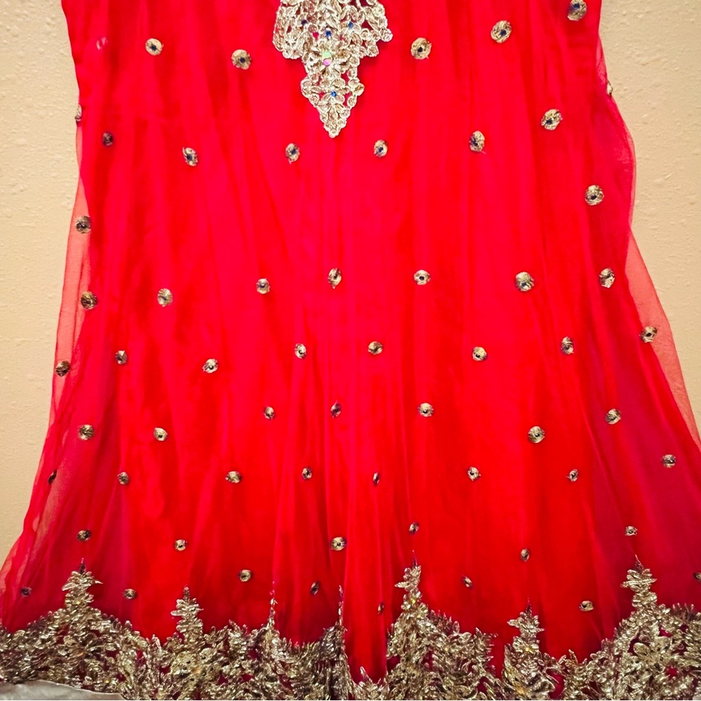 Red Net With Gold Thread Embroidered Sleeveless P… - image 7